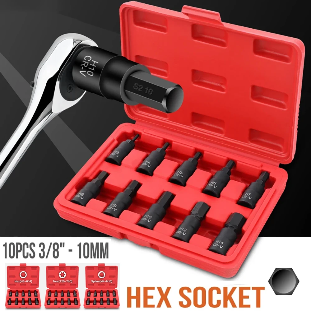 

10Pcs Hexagonal Socket Set H3-H14 M4-M16 T20-T60 Torx Tool Sockets Head Applicable to Manual Wrench S2 Blackened Box Hexagon Bit