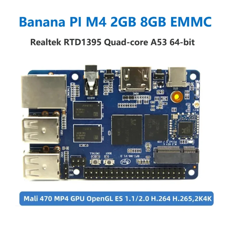 Banana Pi BPI-M4 2GB RAM 8GB eMMC Realtek RT1395 Cortex A53 Quad-Core Mali MP470 with WiFi PoE M.2 Mkey PCIe SBC Mini PC