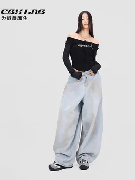 CBXLAB Street Dance Women's Light blue ล้าง vintage hip-hop กางเกงยีนส์, สาว K-pop crush สกปรกสีย้อม retro สบายๆกางเกงยาว