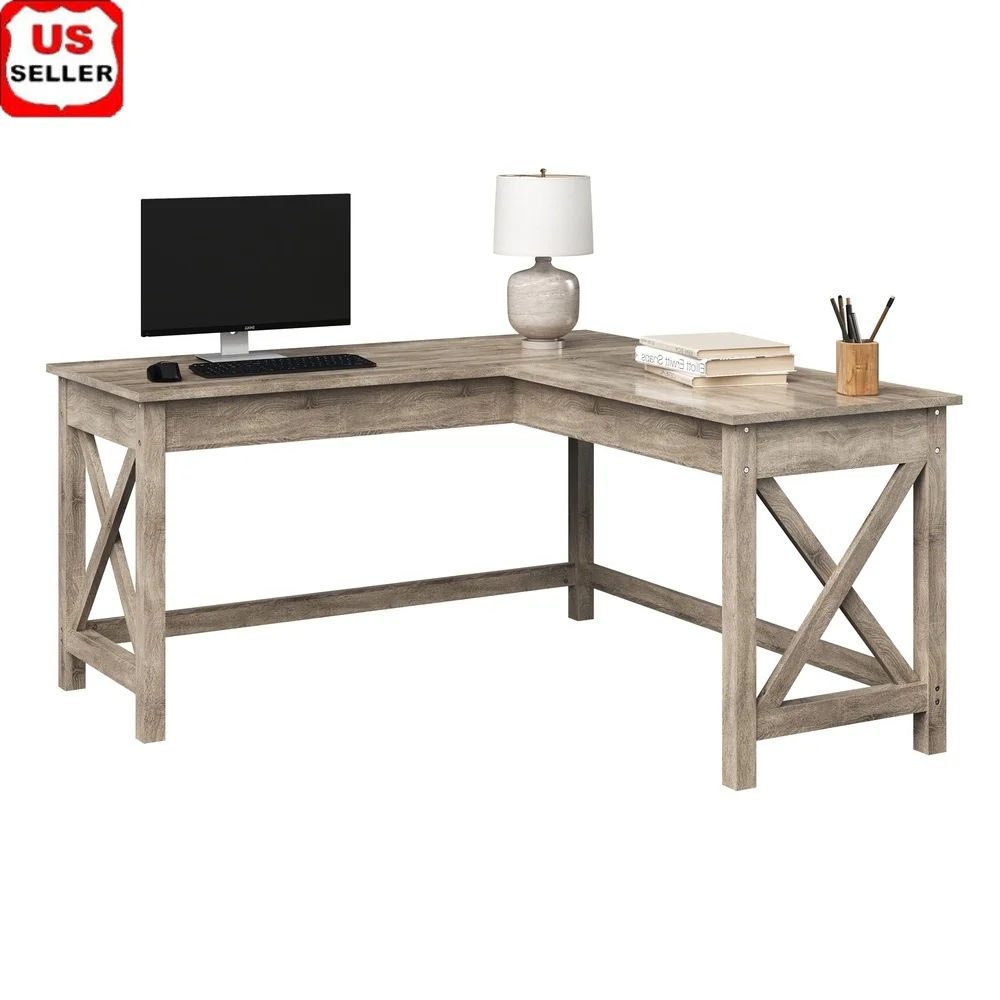 

L Shaped Desk with Weathered Gray Oak Finish Ambidextrous Design Spacious Desktop Durable MDF Trestle Legs Home Office Gaming