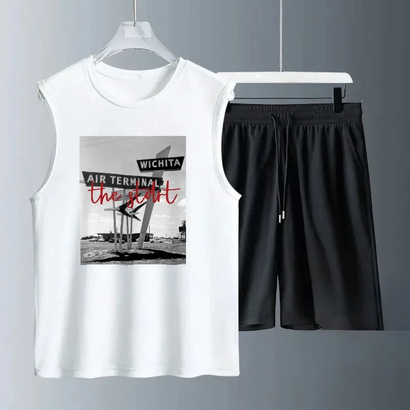 2025 Fashion Summer Sleeveless Sets Casual Trend New Print Vintage Men's tshirt and shorts Black and White Dry Gym Sports Shorts
