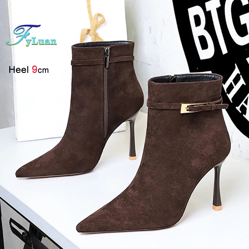 جديد ربيع الخريف خنجر الجلد المدبوغ أحذية بوت قصيرة للنساء 9 سنتيمتر عالية الكعب موضة أنيقة نمط تنوعا الإناث أشار تو الأحذية