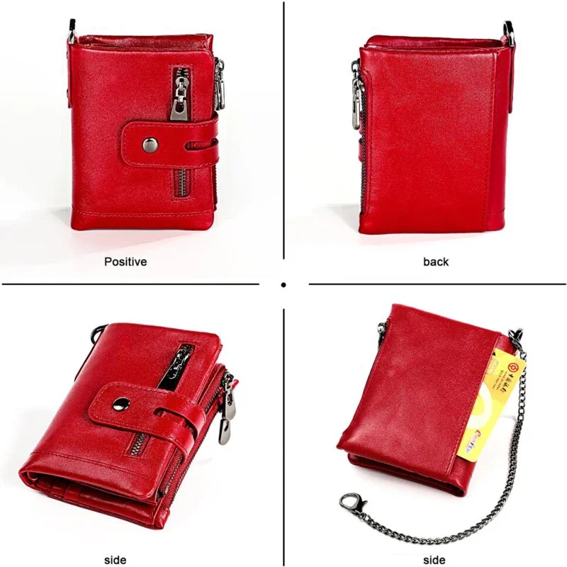 100% جلد طبيعي تتفاعل جلد البقر محافظ للرجال النساء الصغيرة سستة محفظة نسائية للعملات المعدنية قابلة للانفصال حامل بطاقة سلسلة الذكور محفظة صغيرة