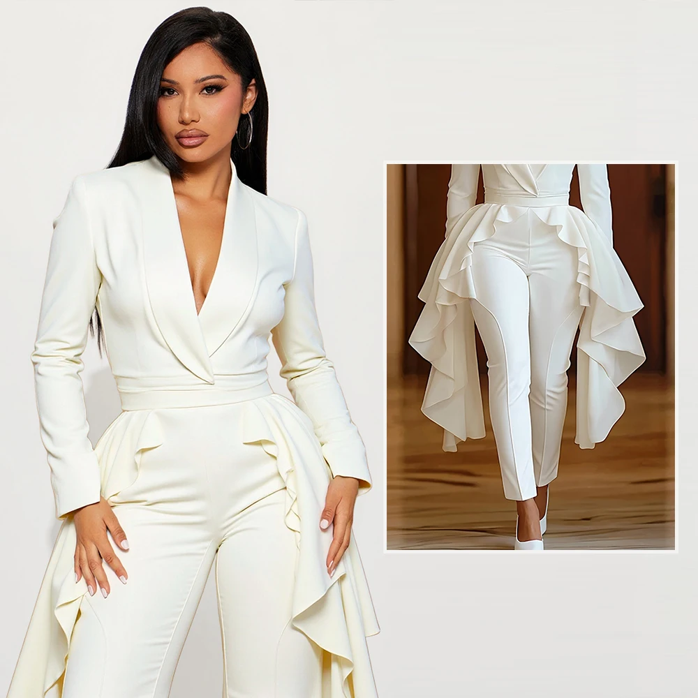 

Womens Jumpsuit Elegant 2025 Long Sleeve V Neck Ruffled Hem Formal Party Wear Chic Dressy Outfit