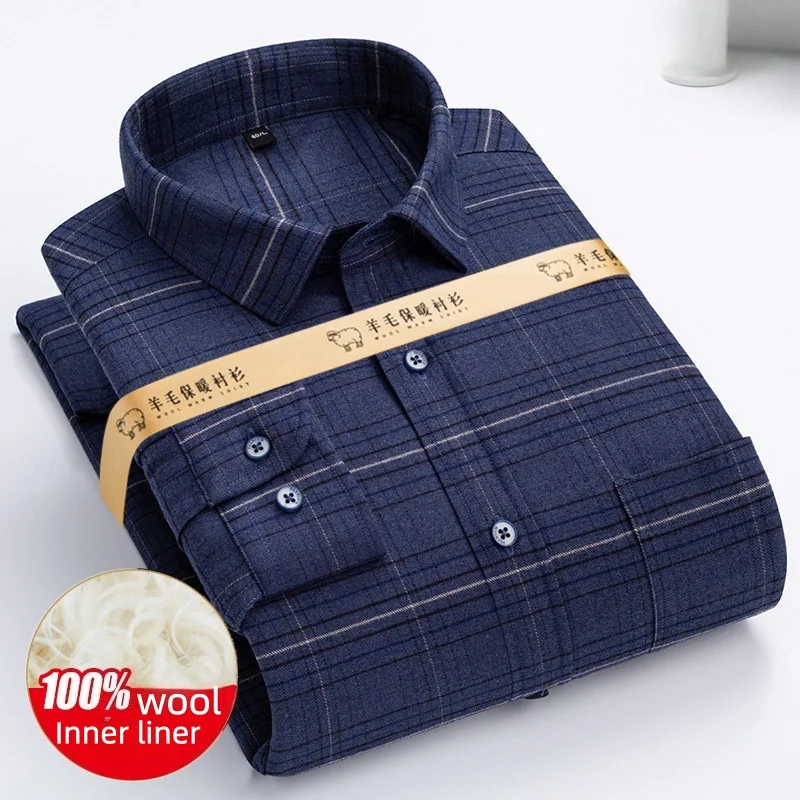 Men's Winter Warm Shirt Long-Sleeved Bamboo Fiber Pure Wool Lining Fleece-Lined Thickened for Cold Weather