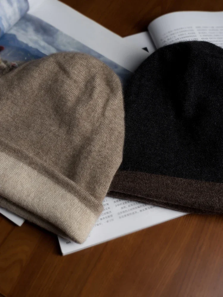 New Color Matching Women 35% Cashmere Double Faced Beanies Caps Casual Hat Men Wool Soft Autumn Winter Real Natural Fabric