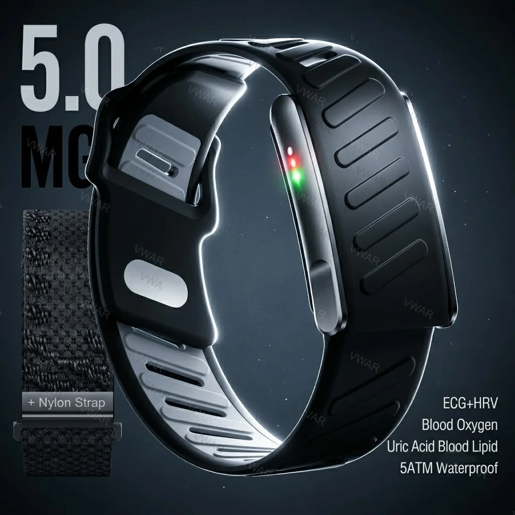 5.0 MG Nursing Grade Smart Bracelet SpO2 Blood Lipid Uric Acid ECG+PPG Waterproof Health Band Screenless Sport Fitness Tracker