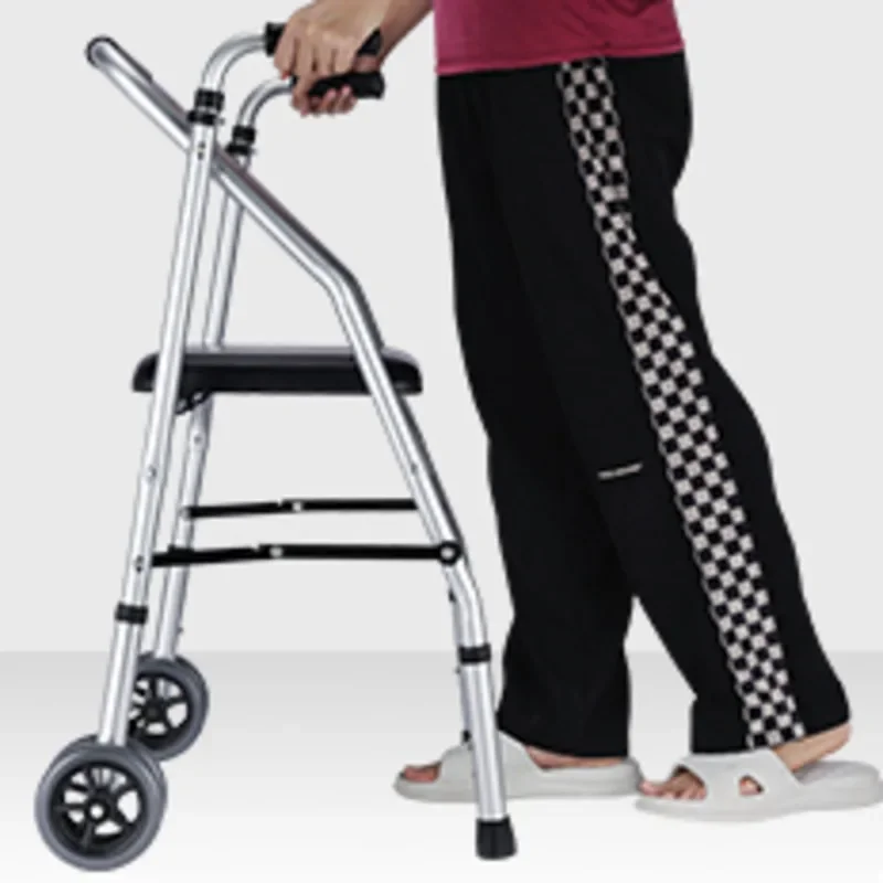 Elderly Mobility Aid Dual-Wheel Seat No-Installation Four Legged Crutches Required Foldable Waterproof Convenient Senior Walker