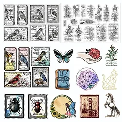 Vintage Flower and Bird Text Clear Stamps for Scrapbook Emotional Travel Style Silicone Seals for DIY Envelope Decorative Cards