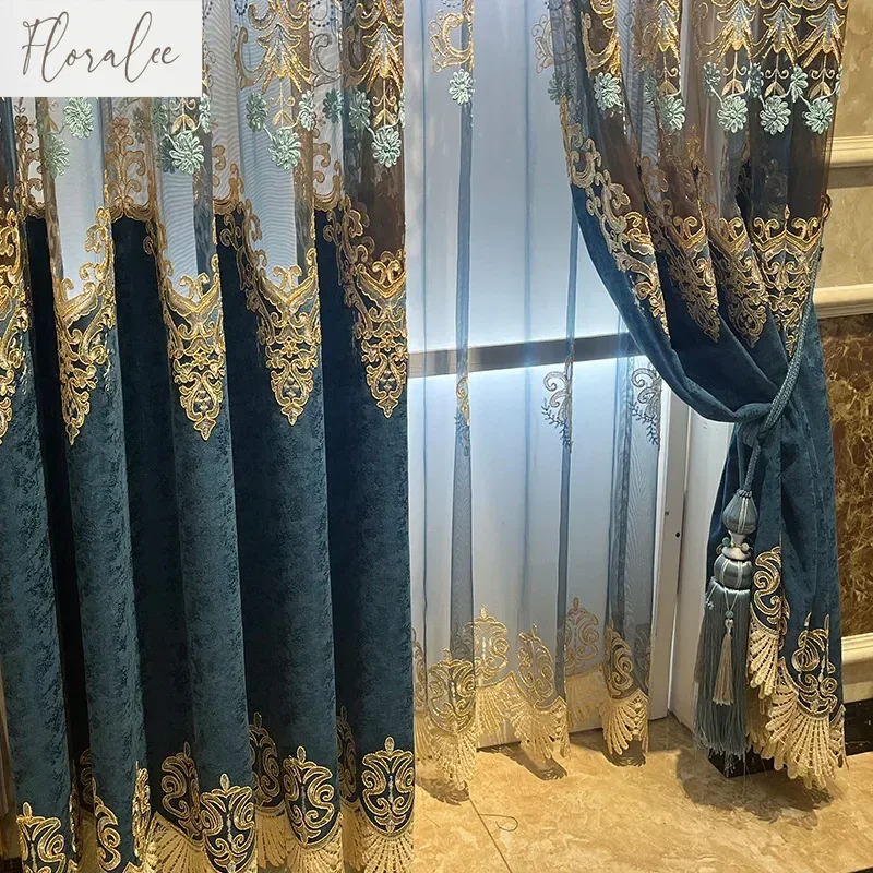 

Customized Blue Hollowed Out Embroidered Window Screen Of Villa Chenille Curtains For Living Room Bedroom French Window Balcony