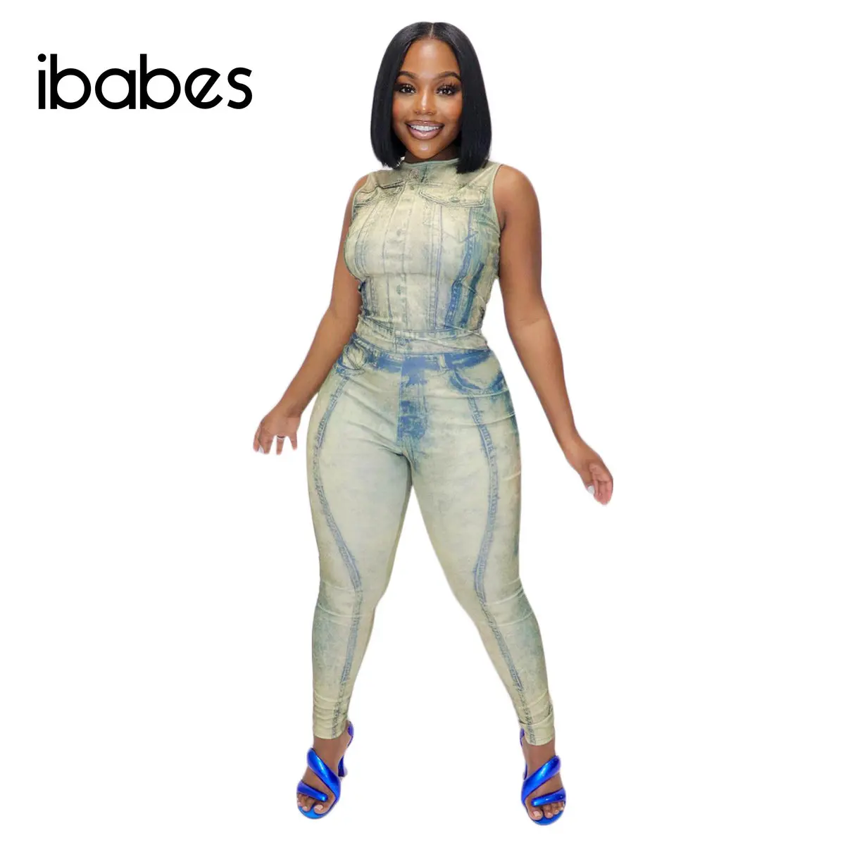 

Винтажный женский комбинезон из искусственной джинсовой ткани с принтом, облегающий жилет без рукавов, комбинезоны 2023, летняя уличная одежда, сексуальный женский комбинезон для ночного клуба