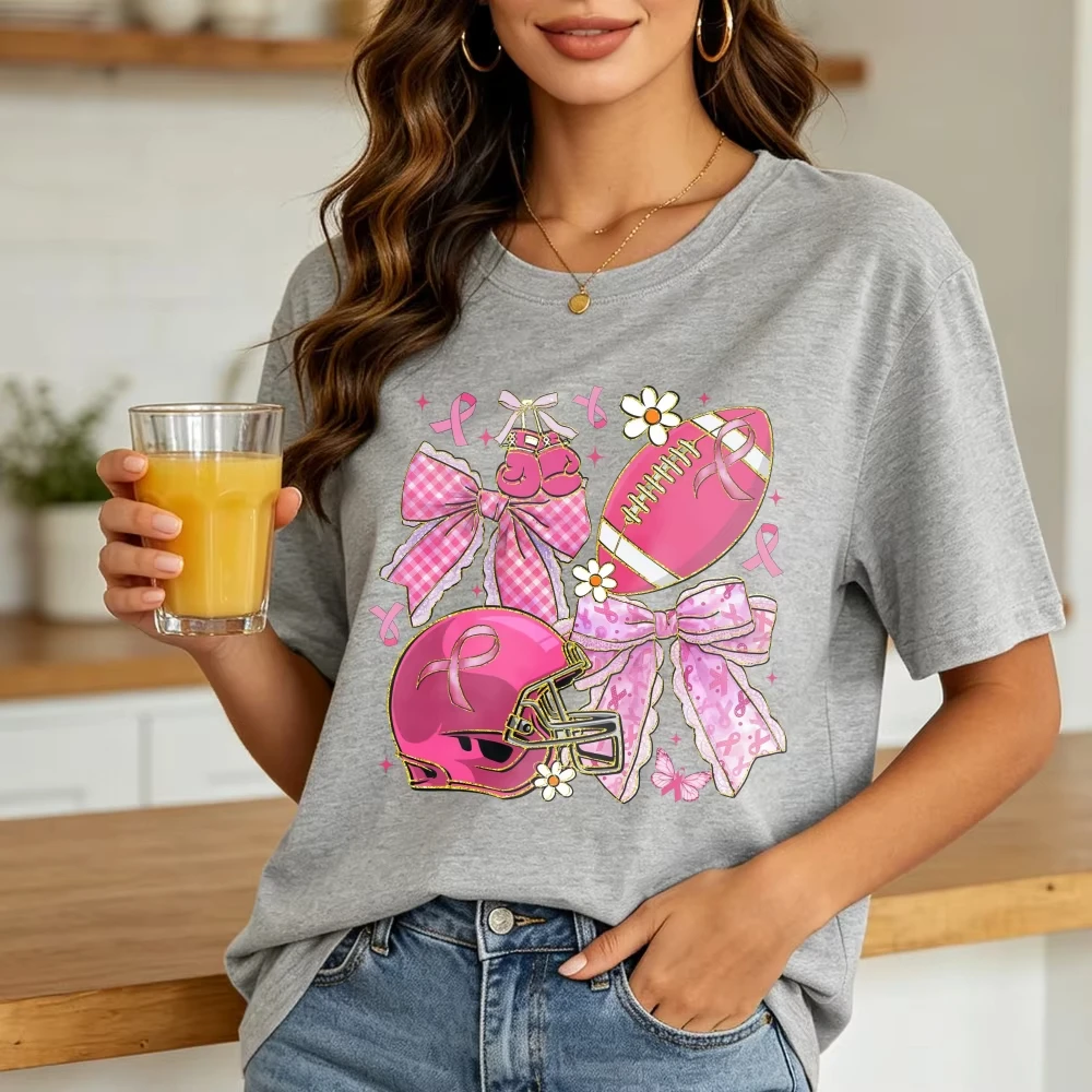 Preppy Football Breast Cancer Graphic T Shirt Coquette Breast Cancer Awareness Tee Ribbon Cheer Football Mom Girly Game Day Tops
