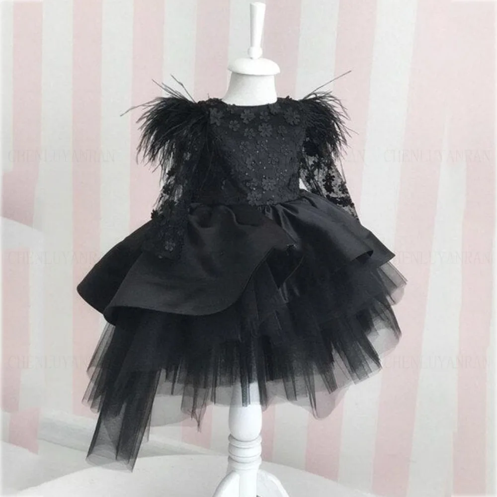 Black Satin Flower Girls Dresses 2023 Lace Bow Long Sleeves Cute Kid Wedding Party Dress Puffy A-Line Elegant Girl Princess Gown