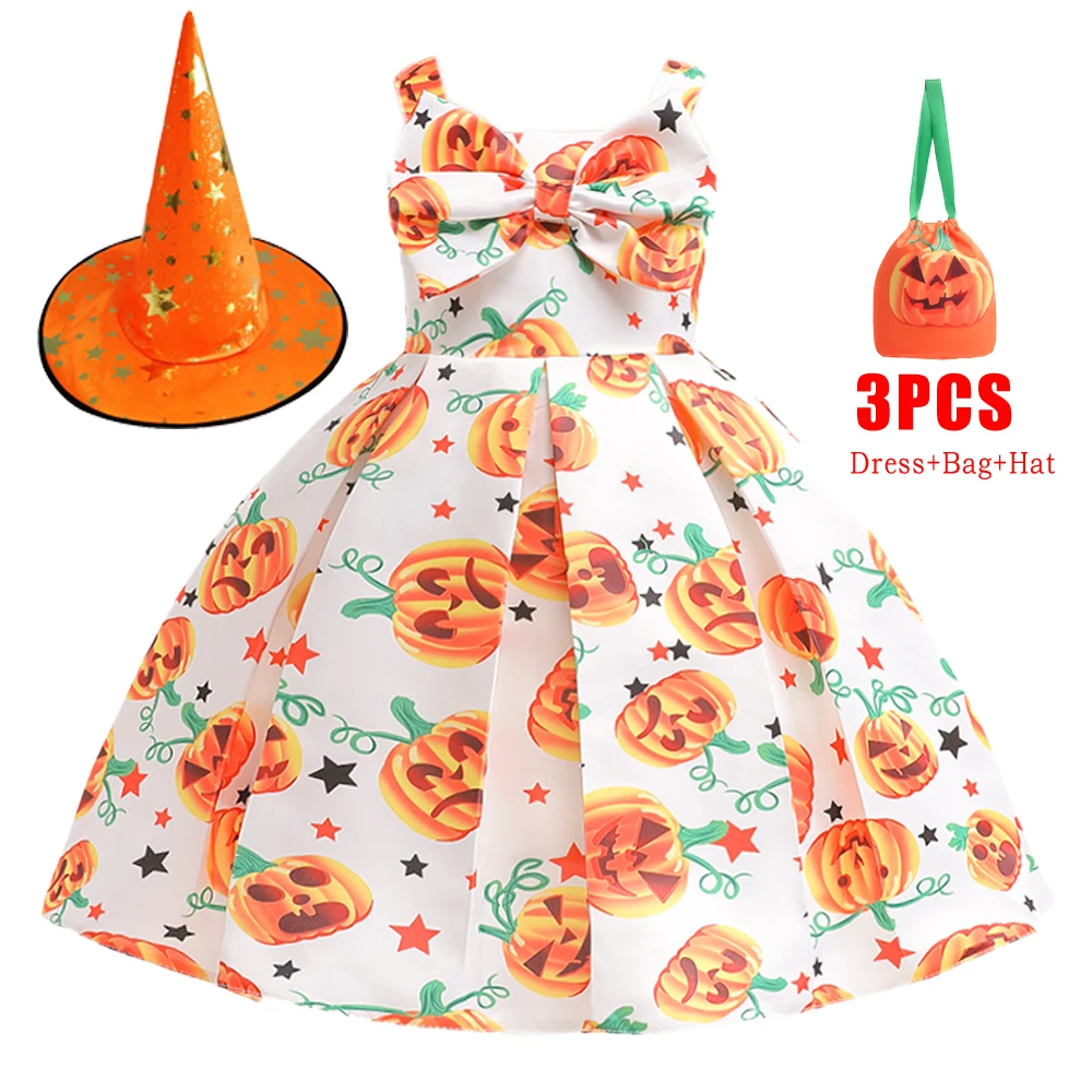 

Pumpkin Ghost Printed Cosplay Halloween Costume for Girls Carnival Elegant Bow Birthday Party Girl Dresses Christmas Kids Clothe