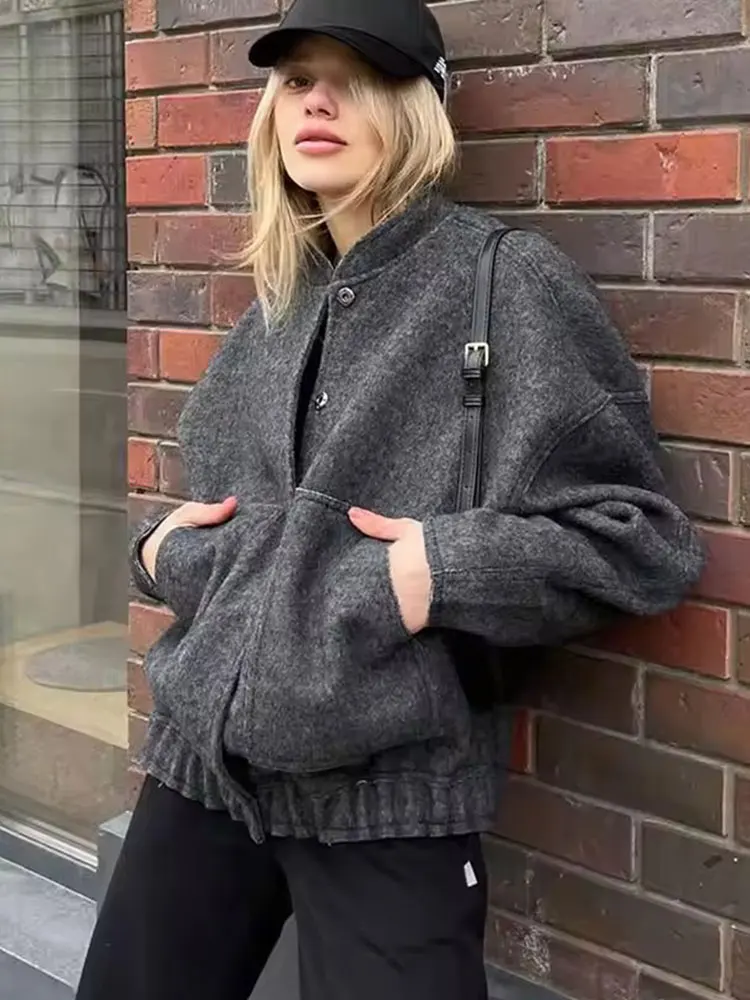 HH Womens Retro Classic Oversized Bomber Jacket Single Breasted Vintage Casual Party Weekend High Street Stand Collar Coat