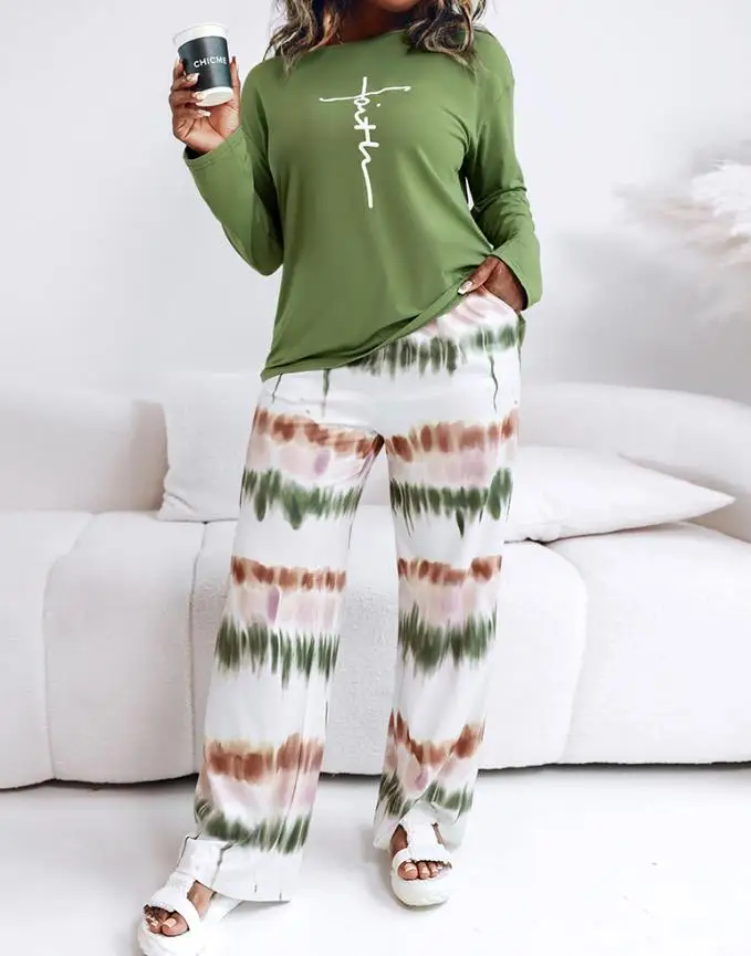 

Топ с длинными рукавами и круглым вырезом с буквенным принтом и градиентные прямые брюки с высокой талией для осени, женский домашний комплект из 2 предметов