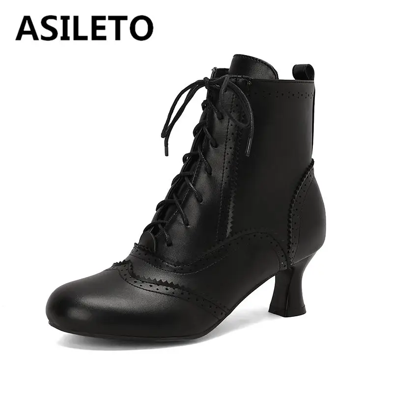 

ASILETO New Vintage Women Ankle Boots Round Toe Small Heels Zipper Lace Up Hollow Large Size 48 49 50 Casual Daily Female Bota