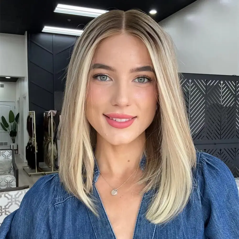 Preplucked Hairline High Quality Synthetic Wig Ombre Blonde with Light Brown Streaks Color Lace Front Wig Short Straight Bob