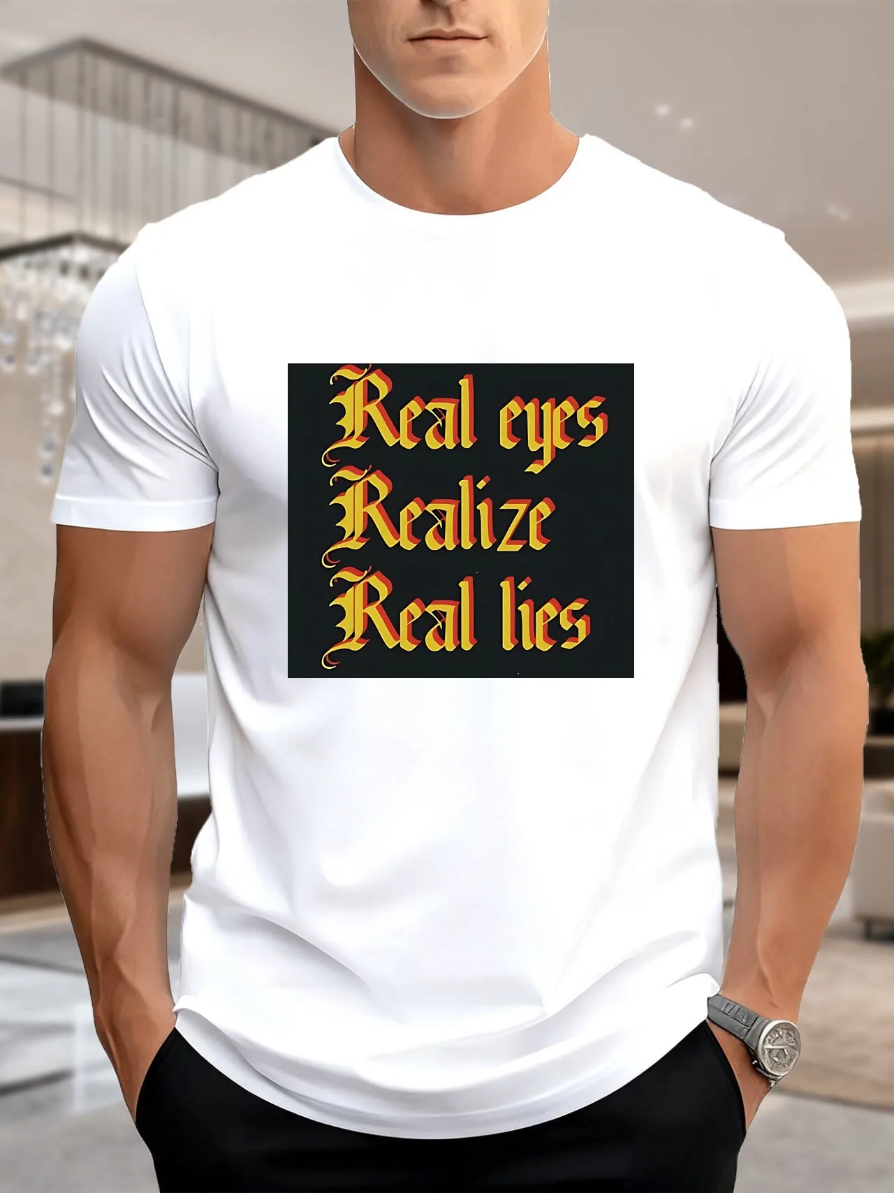 تي شيرت رجالي بأكمام قصيرة مطبوع عليه جرافيك - تي شيرت كاجوال مريح من القطن بنسبة 100% مع عيون حقيقية يرفع الأكاذيب الحقيقية تصميم عصري S