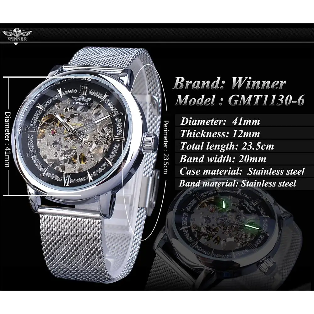 Fashion Winner Top Brand Silver Mechanical Automatic Men\'s Skeleton Mesh Band Steampunk Transparent Stainless Steel Sport Watch