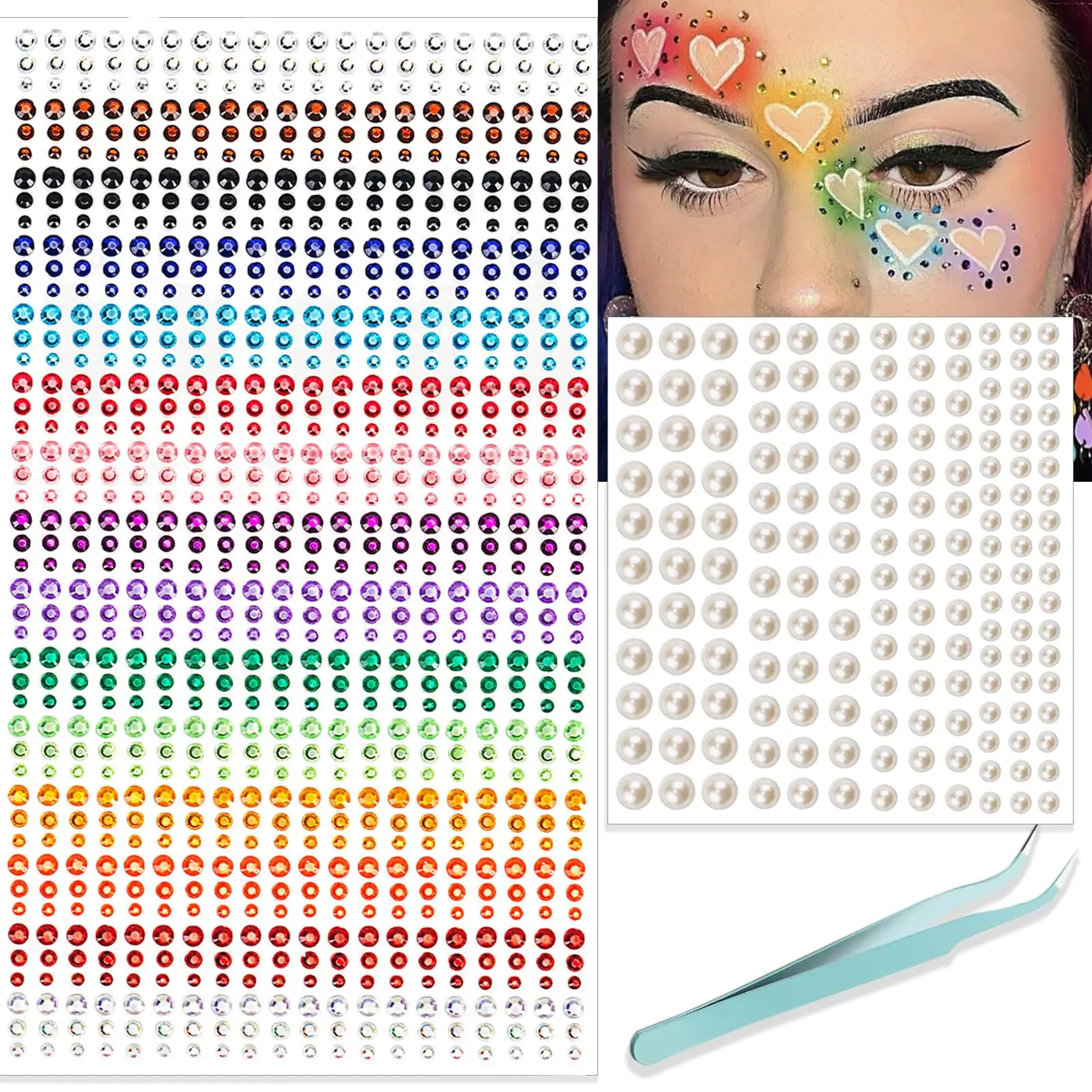 Self‑Adhesive Halloween Face Gems Stickers Mixed Size Rhinestone Pearl Face Jewels for Eyes Forehead Party Makeup with Tweezers