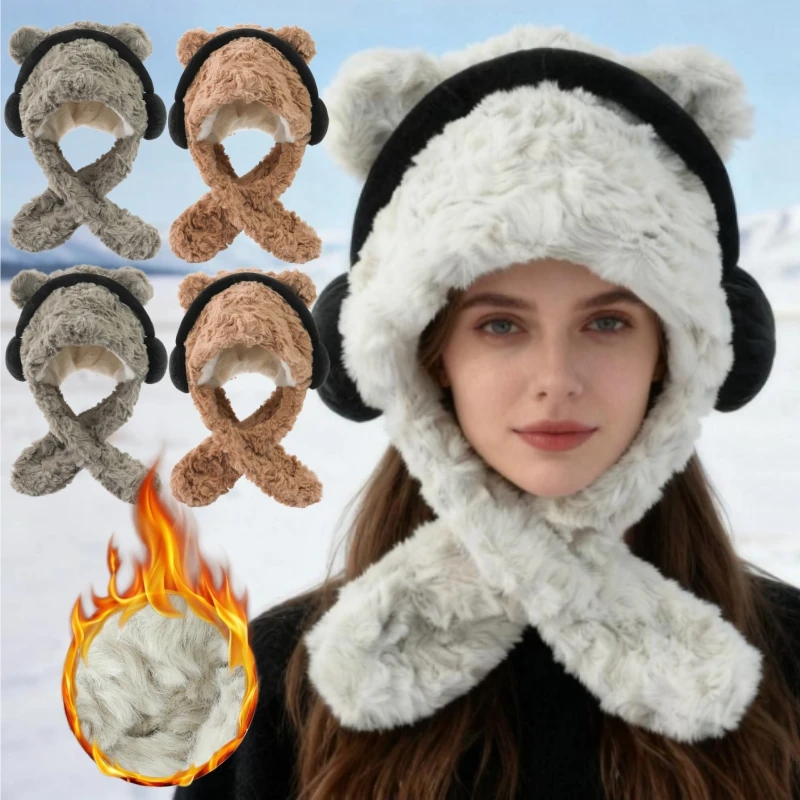 Теплая шапка с медвежьими ушками и шарфом для женщин, зимняя ветрозащитная защита шеи и мягкие наушники, капюшон на флисовой подкладке для холодной погоды