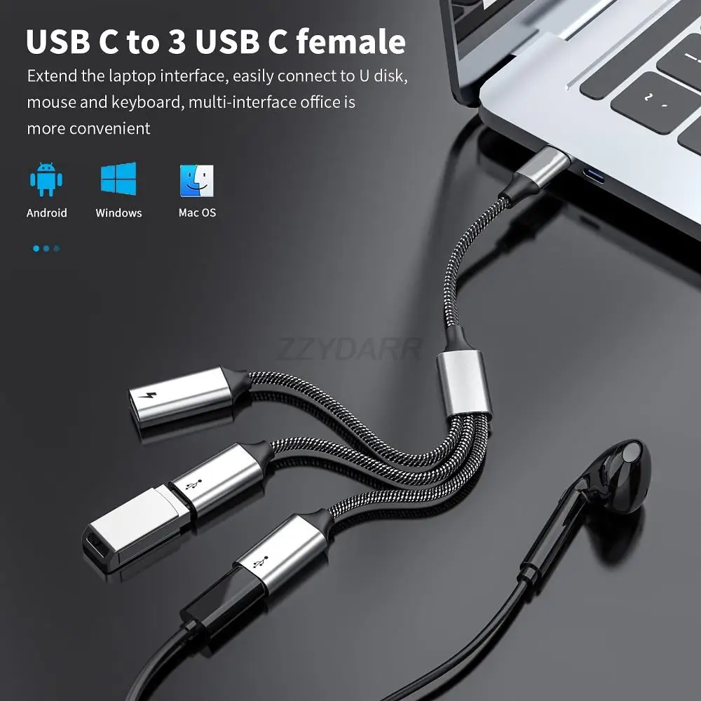 USB C to USB C Female Adapter OTG USB Splitter Type C Male to USB&2 Type-C Female Cord Converter 3 USB C Port Hub PD 60W Charge