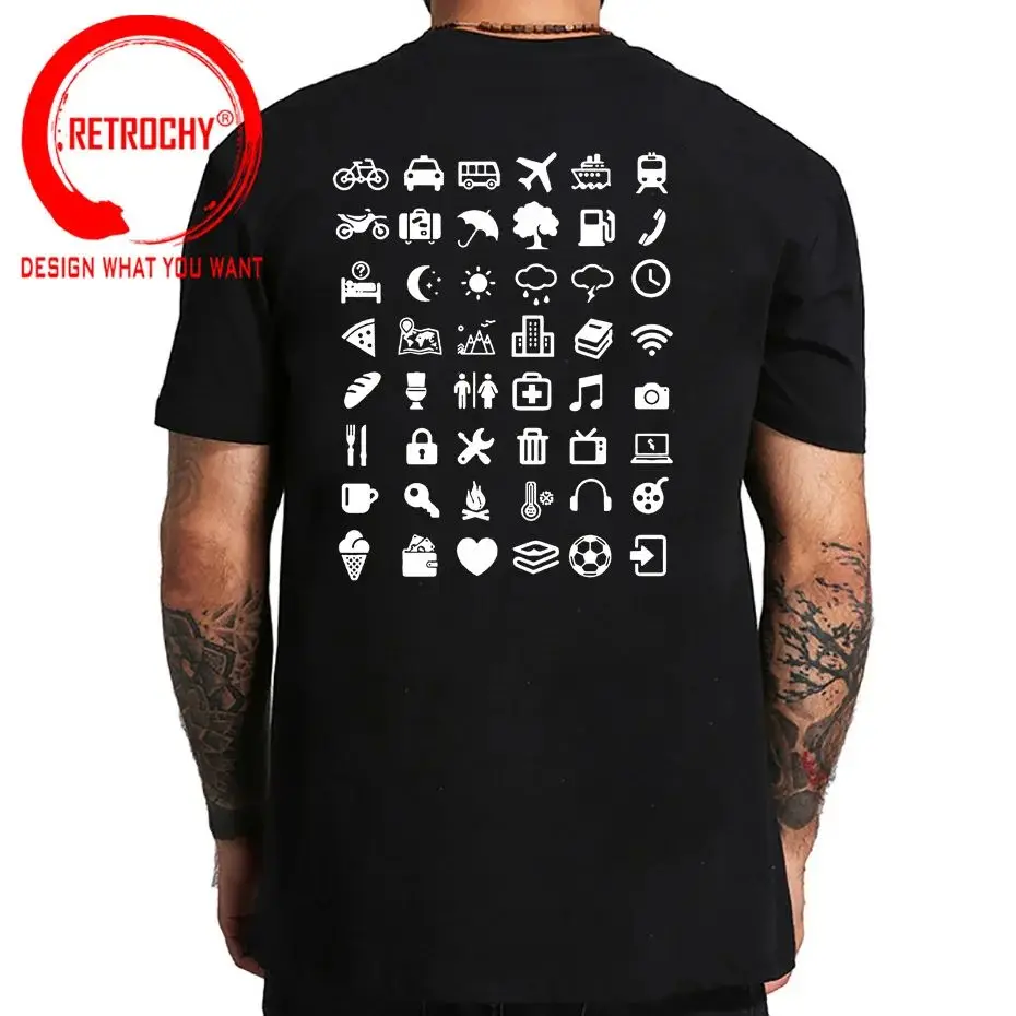 Funny Travel Icons Universal Language Men's T-Shirt Cool Travel Theme Ultra Slim Fit Nine Sleeve Length Henry Collar Style
