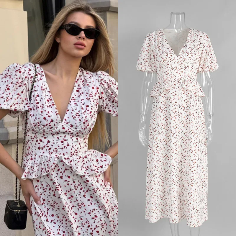 

Elegant Floral V Neck High Waisted Dress Vintage Floral Print Slim Fit Bubble Sleeve Dress Summer New Women Party Holiday Dress