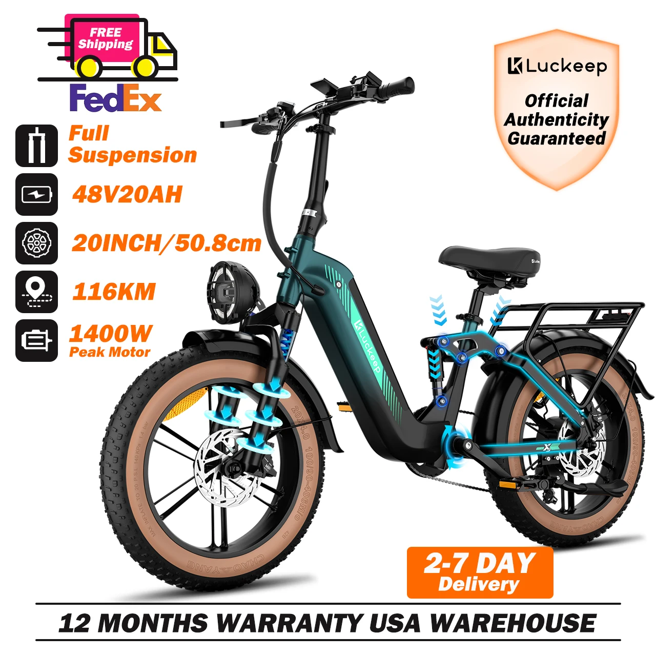 

Luckeep X3 Electric Bike for Adults 1400W Peak,15AH 28MPH 70Miles Ebike, 20" Fat Tire Full Suspension Adult Electric Bicycles