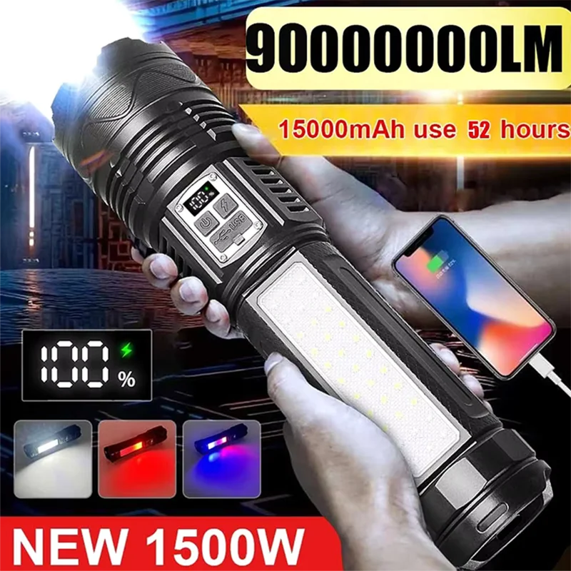 15000MAH 1000000LM Rechargeable Led Flashlight Power Bank Function Zoomable Tactical Torch with COB Side Light for Camping