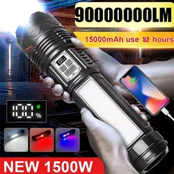 15000MAH 1000000LM Rechargeable Led Flashlight Power Bank Function Zoomable Tactical Torch with COB Side Light for Camping