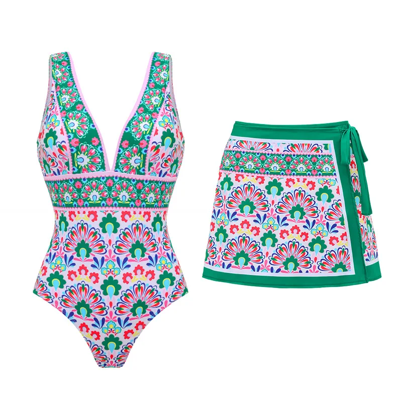 Cikini Conjunto de traje de baño de una pieza con estampado floral en V profundo para resort de playa Traje de baño de playa de verano para mujer