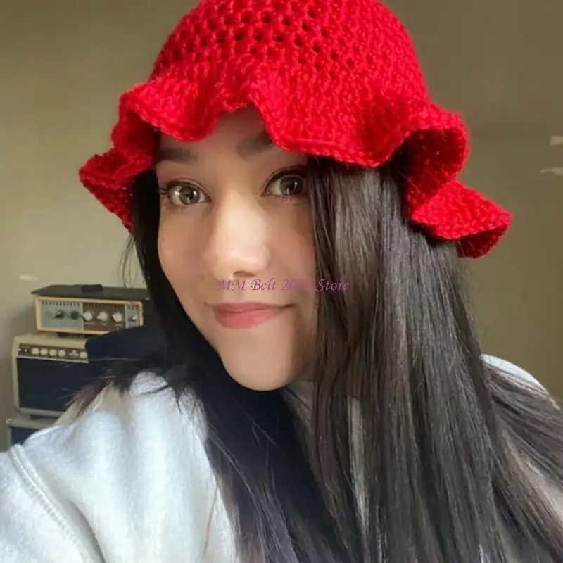 

49ME Вязаная крючком шляпа-ведро с рюшами и полями ручной работы Элегантная шляпа для рыбалки Фото шляпа