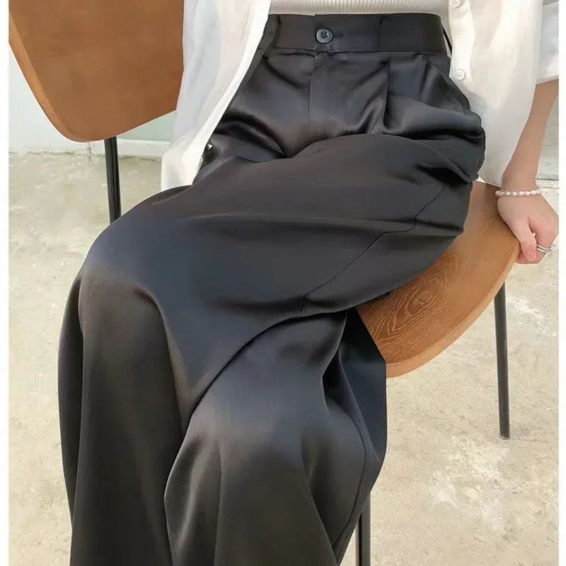 2025 Summer New Silk Satin Women's Pants High Waist Casual Black Korean Fashion Wide Leg Suit Pants for Women Trousers Oversize