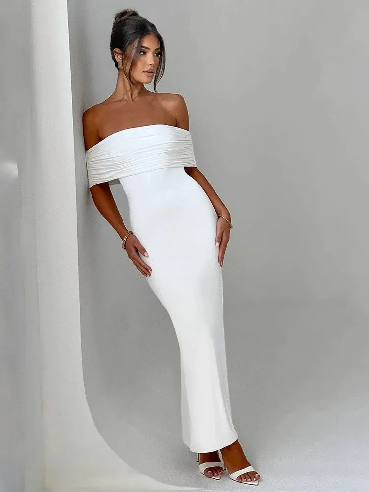 Temperament Slim Strapless Long Dress Women Solid Color Sexy Off-shoulder Backless Package Hip Sleeveless Club Party Dresses