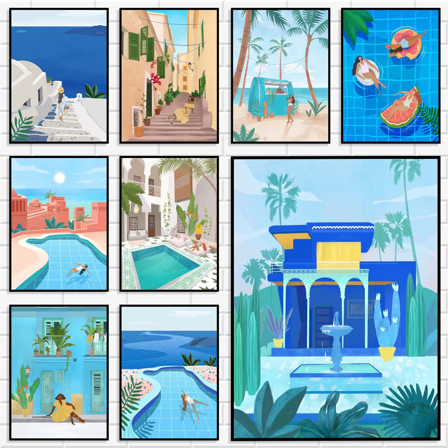 Boho Summer Tropical Wall Art Mediterranean Coastal Pool Palm Tree Diamond Poster Morocco Blue Print Living Room Home Decor