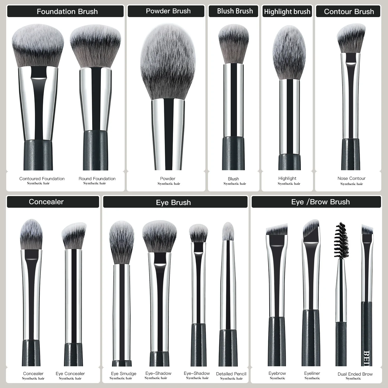 BEILI Professional Makeup Brush Set Blue 8/9/15/30 Synthetic Hair Soft Brushes for Foundation Contour Powder Eyeshadow Eyeliner