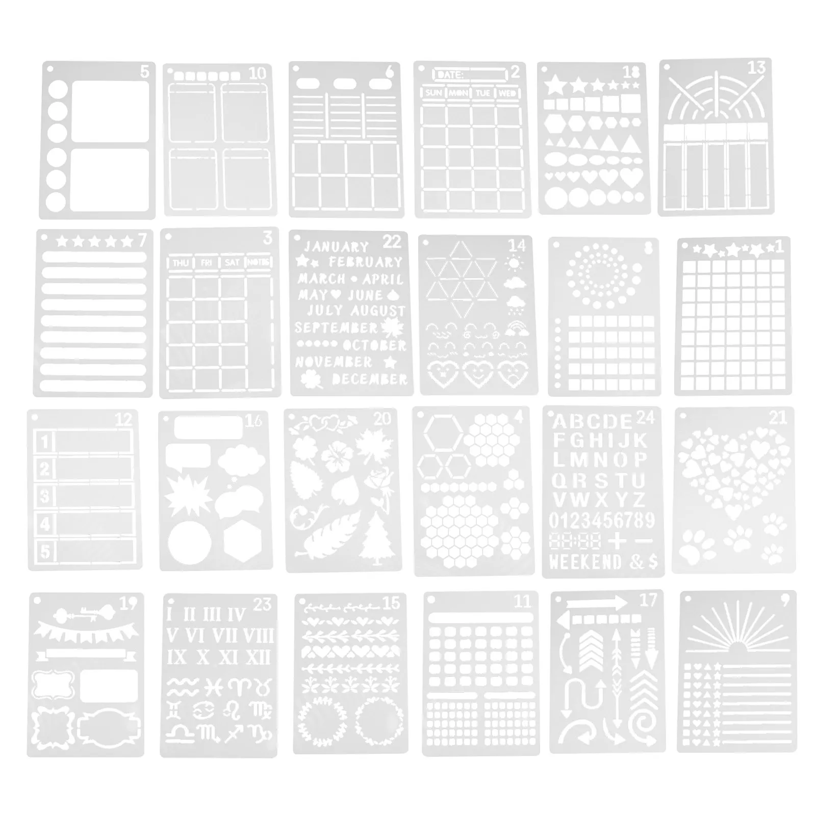 24Pcs Journal Stencils Reusable Plastic Templates for Planner Notepad Drawing Scrapbooking Painting Stencils DIY Craft