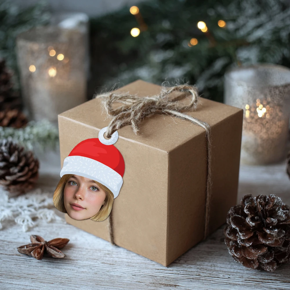 Maßgeschneiderte weihnachtliche niedliche Rentier-Gesichtsfoto-Geschenkanhänger, Dekoration-Anhänger für geheimnisvolle Geschenke im Urlaub