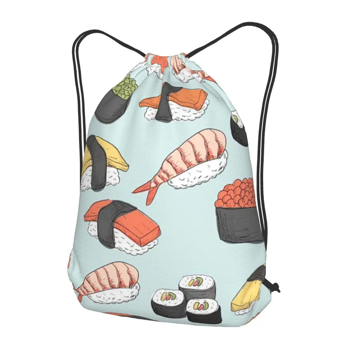 Mochilas con patrón de dibujos animados de arroz Nori Sushi Oni Onigiri, bolsa deportiva informal con cordón y bolsillo, bolsas para libros para hombre y mujer