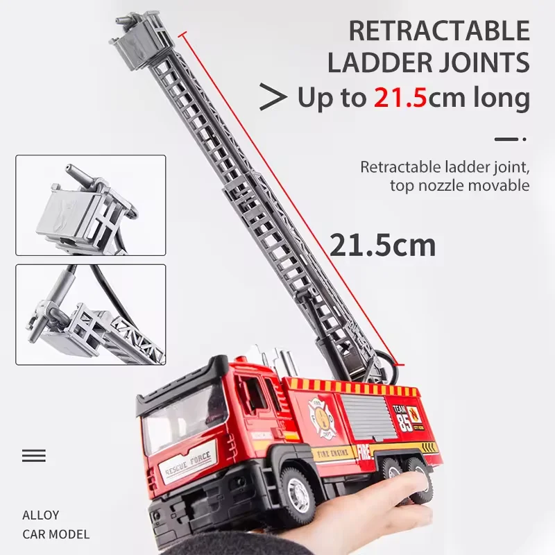 1:50 Fire Truck Diecast Alloy Sprinkler Toy with Light Music Water Simulation Spray Rescue Car Children\'s Toy Birthday Gifts