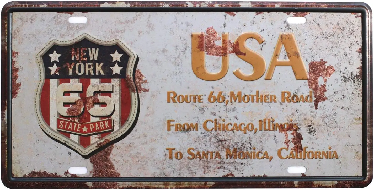 Rural Vintage USA New York Route 66 Mother Road from Chicago Metal Tin Sign, Retro 3D Embossed Metal Signs, Garage Home Bar Wall