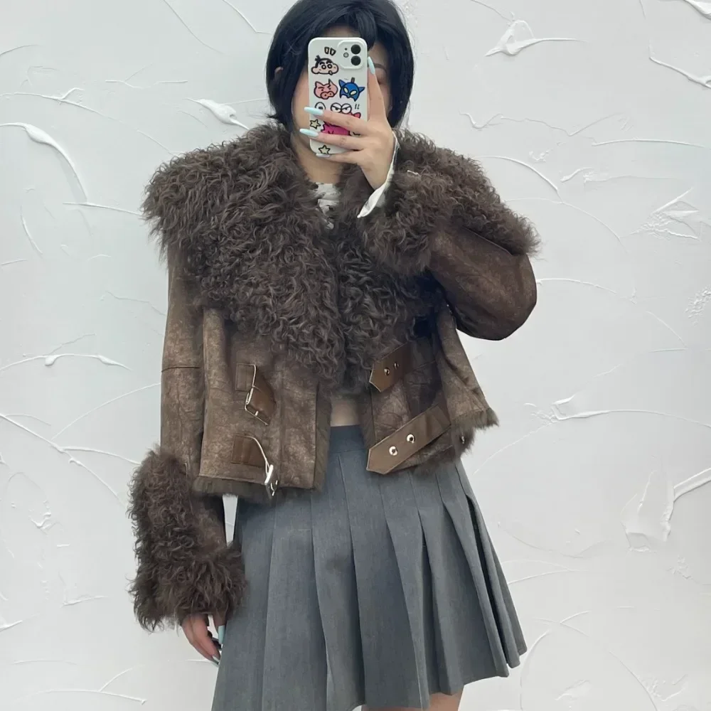 Rabbit Fur Coat Women\'s Chamois Leather Jacket Winter Outwear Short Fashion 2024 New Irregular Wool-fur Patchwork Coat