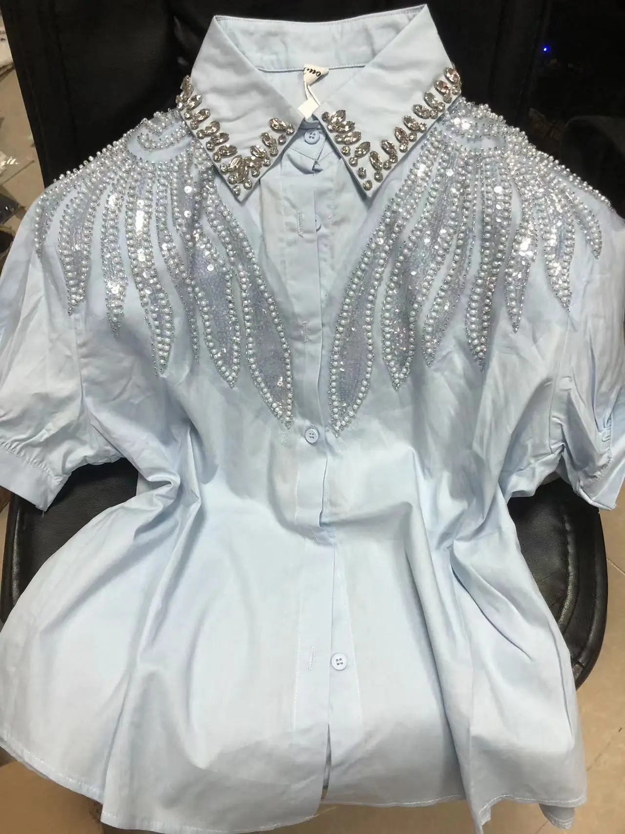 Real Photos Beaded Sequined Embroidery Cotton Blouses Shirts Women 2024 Summer Short Sleeve Office Lady Tops Camisas De Mujer