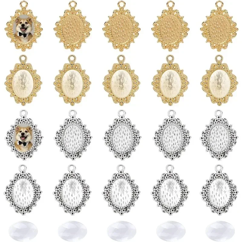 100pcs Blank Bezel Pendant Trays Base Wedding Bouquet Photo Charms Cabochon Settings Pendant with 100pcs Glass Cabochons