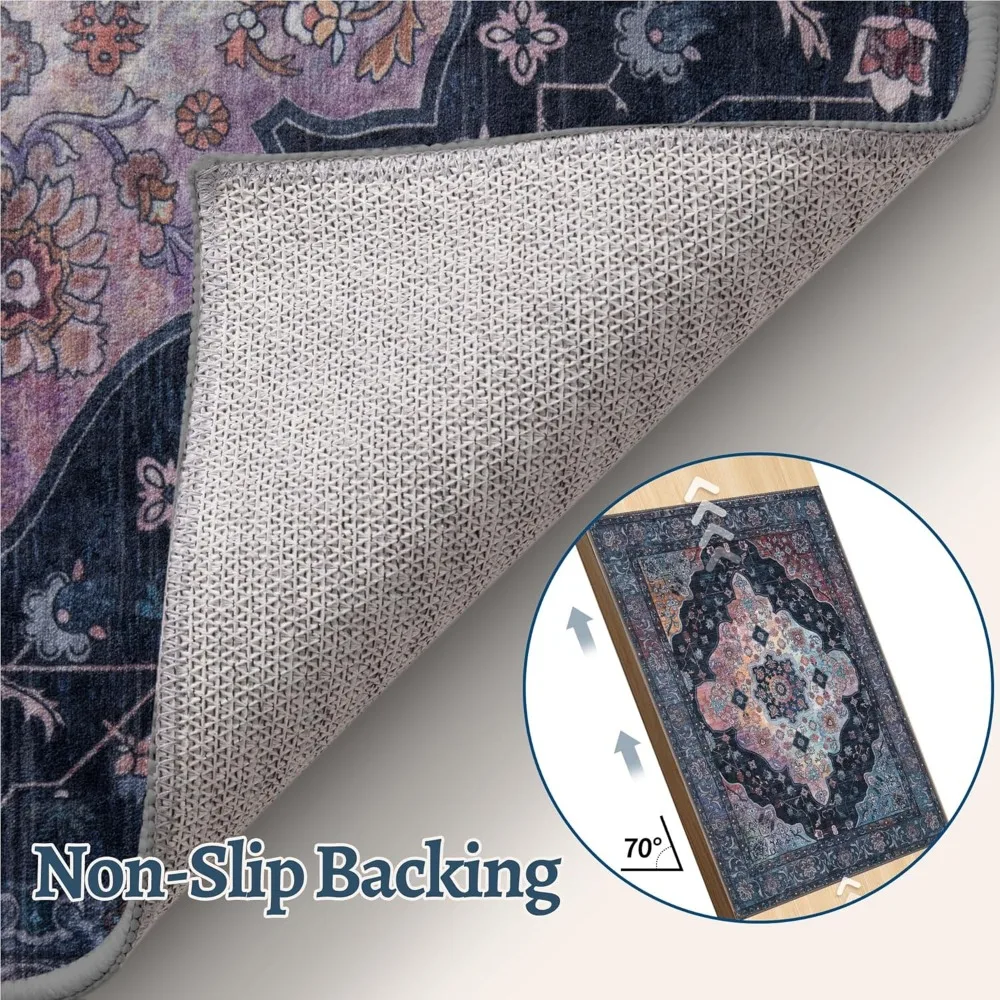 سجادة منطقة كلاسيكية قابلة للغسل مقاس 8 × 10، طباعة كحلي/متعددة، غير قابلة للانزلاق لغرفة المعيشة