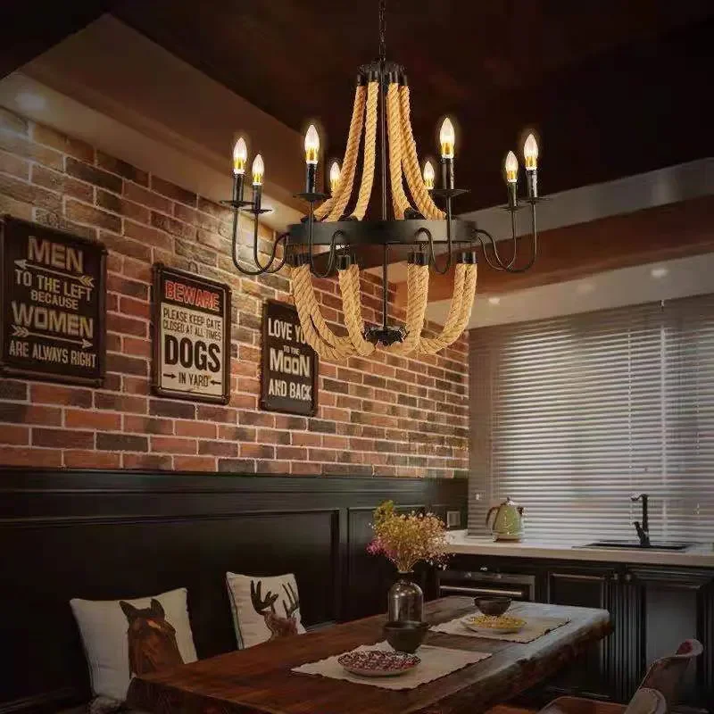 

American Restaurant Pendent Lamp Vintage Hemp Rope Chandelier Cafe Bar Clothing Store Industrial Style Creative Decorative Lamps