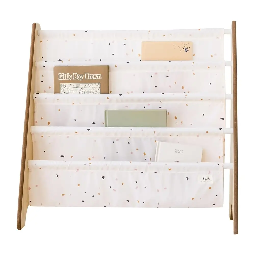 

Fabric Kids Bookshelf – 4-Tier Sling Book Ra Organizer - Nursery Room Playroom Classroom Wooden Book Shelves - Kid Bookcase