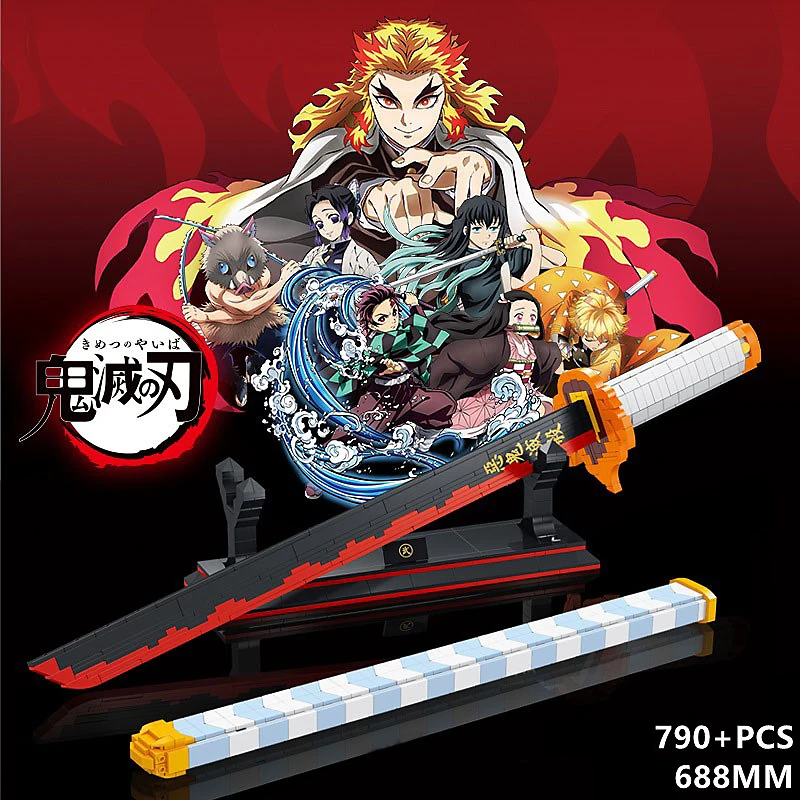 790PCS Demon Slayer Rengoku Kyoujurou Sword Anime Ninja Building Blocks Knife Weapon Toy Katana Model Assemble Bricks Gifts